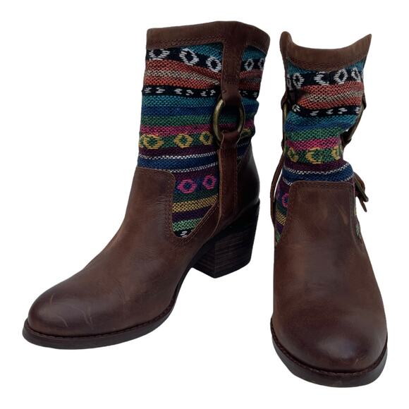 Lucky Brand Boxer Brown Santiago Rustic Native Fabric Leather Heel Boots Size 8 - Picture 6 of 8